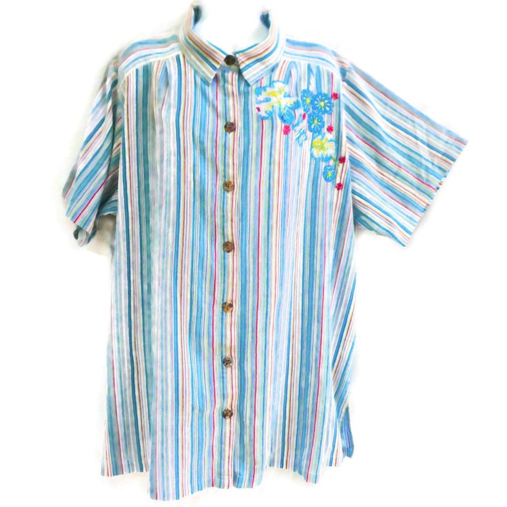 Liz & Me Liz Claiborne Shirt Gauze Rainbow Stripes Floral Embroidery 1X Plus - Picture 6 of 10